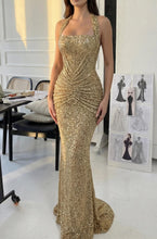 Load image into Gallery viewer, Sparkly Mermaid Halter Neck Gold Sequins Long Prom Dress with Ruched