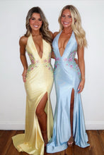 Load image into Gallery viewer, Sparkly Mermaid Halter Neck Yellow/Blue Long Prom Dress with Beading
