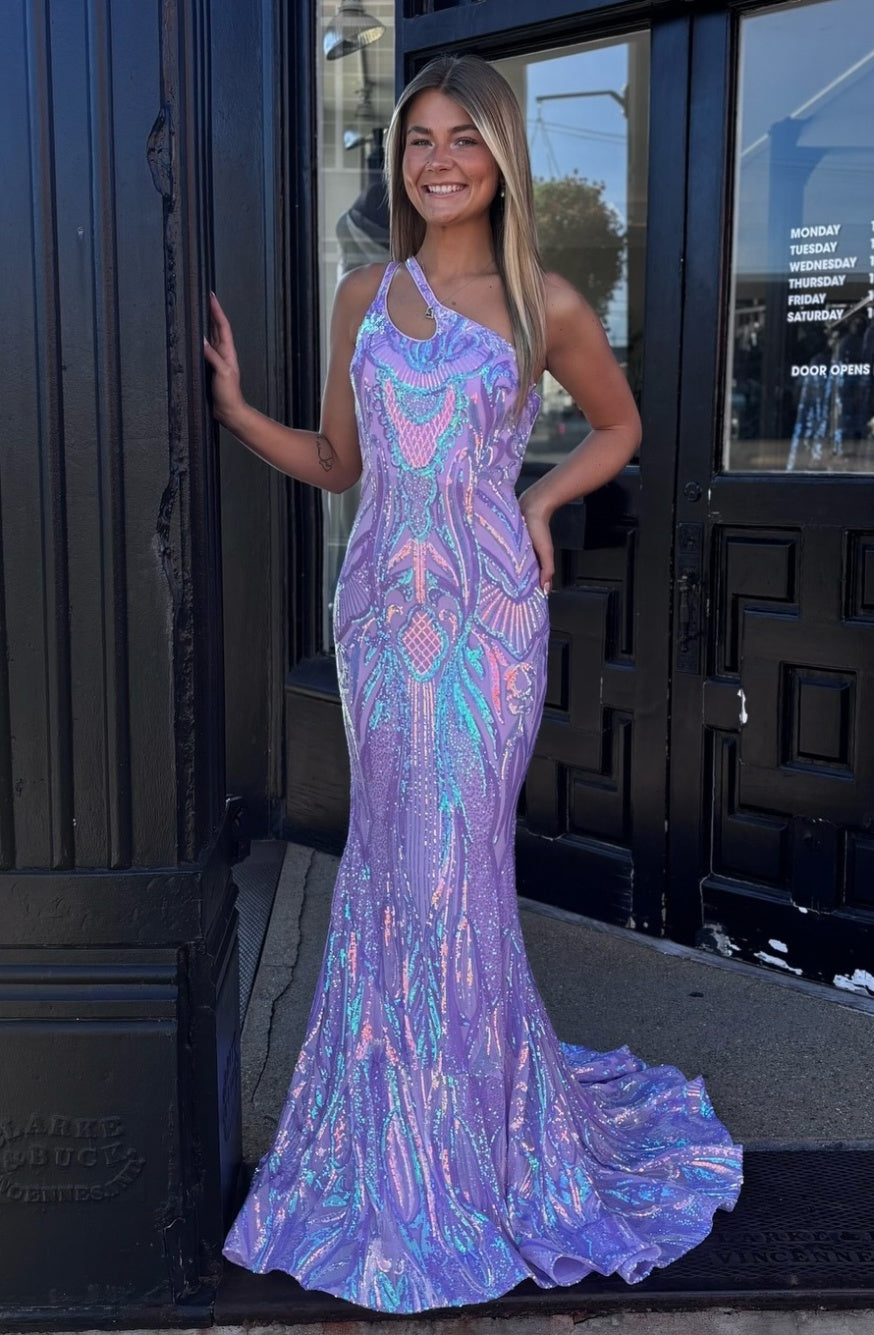 Sparkly Mermaid One Shoulder Lilac Sequins Long Prom Dress with Keyhole