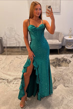 Load image into Gallery viewer, Sparkly Mermaid Spaghetti Straps Dark Green Long Prom Dress with Beading