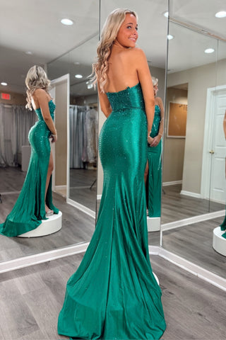Sparkly Mermaid Strapless Green Long Prom Dress with Beading