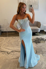 Load image into Gallery viewer, Sparkly Mermaid Strapless Light Blue Corset Prom Dress with Beading