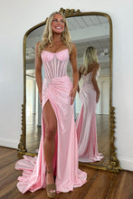 Load image into Gallery viewer, Sparkly Mermaid Strapless Pink Corset Prom Dress with Beading Split Front
