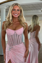 Load image into Gallery viewer, Sparkly Mermaid Strapless Pink Corset Prom Dress with Beading Split Front

