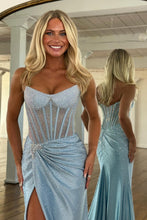 Load image into Gallery viewer, Sparkly Mermaid Strapless Pink Corset Prom Dress with Beading Split Front
