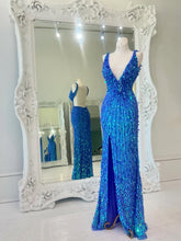 Load image into Gallery viewer, Sparkly Mermaid V Neck Blue Sequins Long Prom Dress with Open Back

