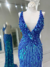Load image into Gallery viewer, Sparkly Mermaid V Neck Blue Sequins Long Prom Dress with Open Back
