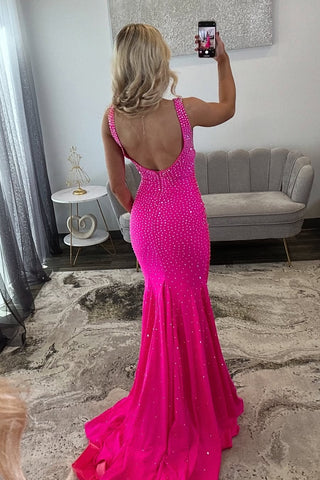 Sparkly Mermaid V Neck Hot Pink Long Prom Dress with Beading