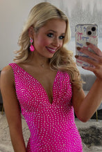 Load image into Gallery viewer, Sparkly Mermaid V Neck Hot Pink Long Prom Dress with Beading