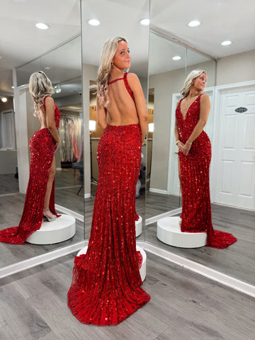 Sparkly Mermaid V Neck Red Sequins Long Prom Dress with Split Front