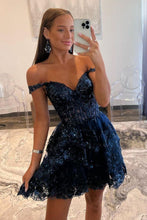 Load image into Gallery viewer, Sparkly Navy A-Line Short Tiered Homecoming Dress With Appliques
