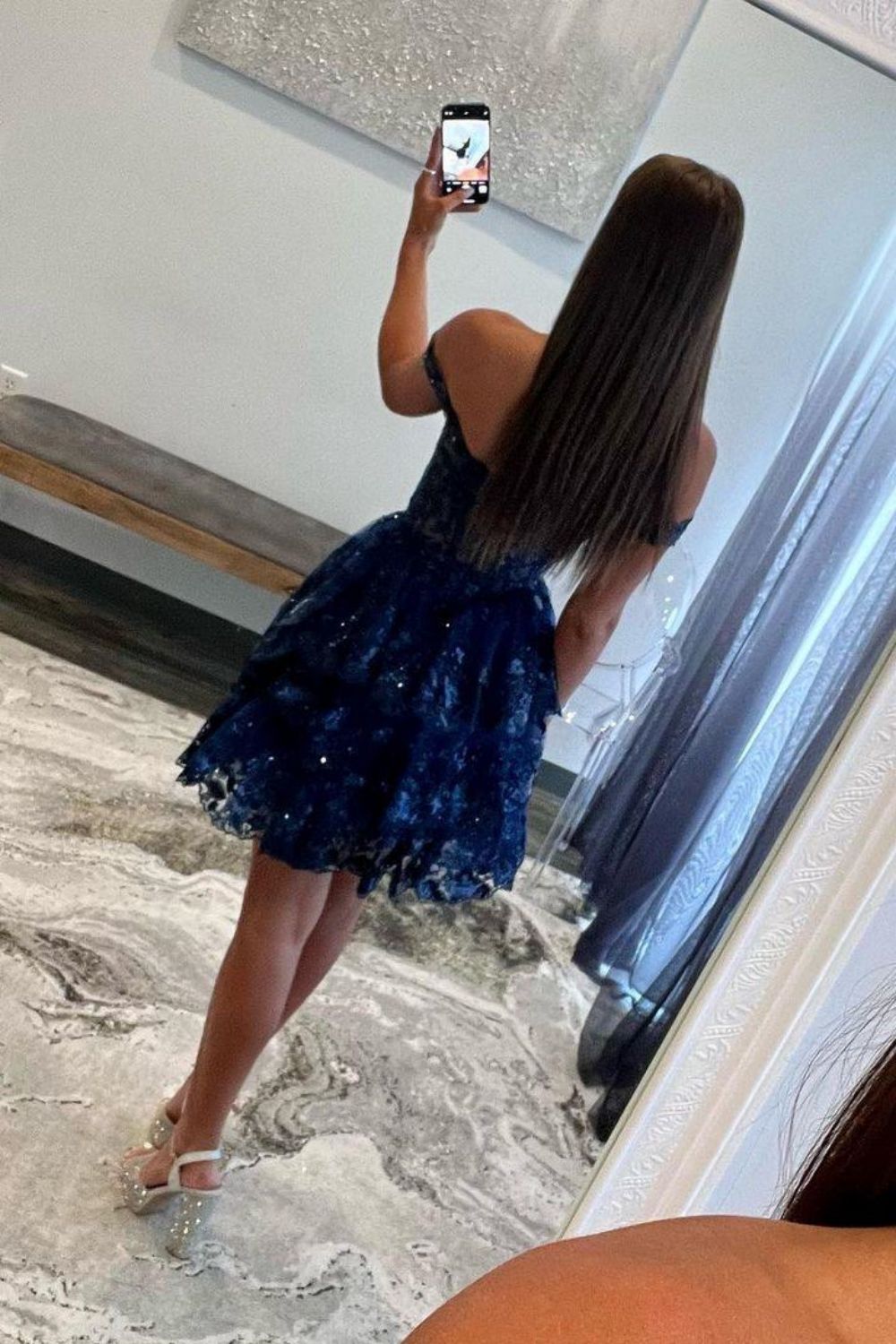 Luuvis Sparkly Navy A-Line Short Tiered Homecoming Dress With Appliques Luuvis Sparkly Navy A-Line Short Tiered Homecoming Dress With Appliques