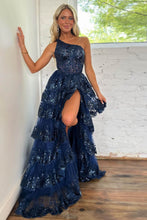 Load image into Gallery viewer, Sparkly Navy One Shoulder A-Line Sweep Train Tiered Prom Dress with Split
