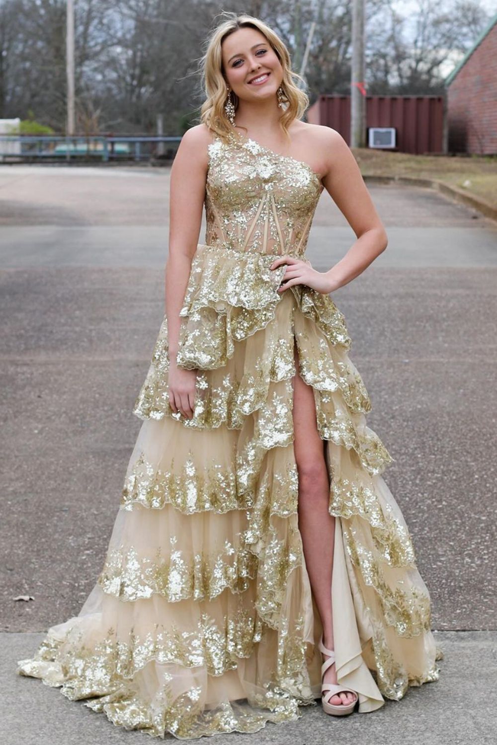 Luuvis Sparkly Navy One Shoulder A-Line Sweep Train Tiered Prom Dress with  Split