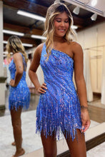 Load image into Gallery viewer, Sparkly One Shoulder Short Tight Sequin Homecoming Dress With Fringe
