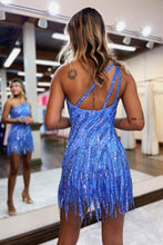 Load image into Gallery viewer, Sparkly One Shoulder Short Tight Sequin Homecoming Dress With Fringe
