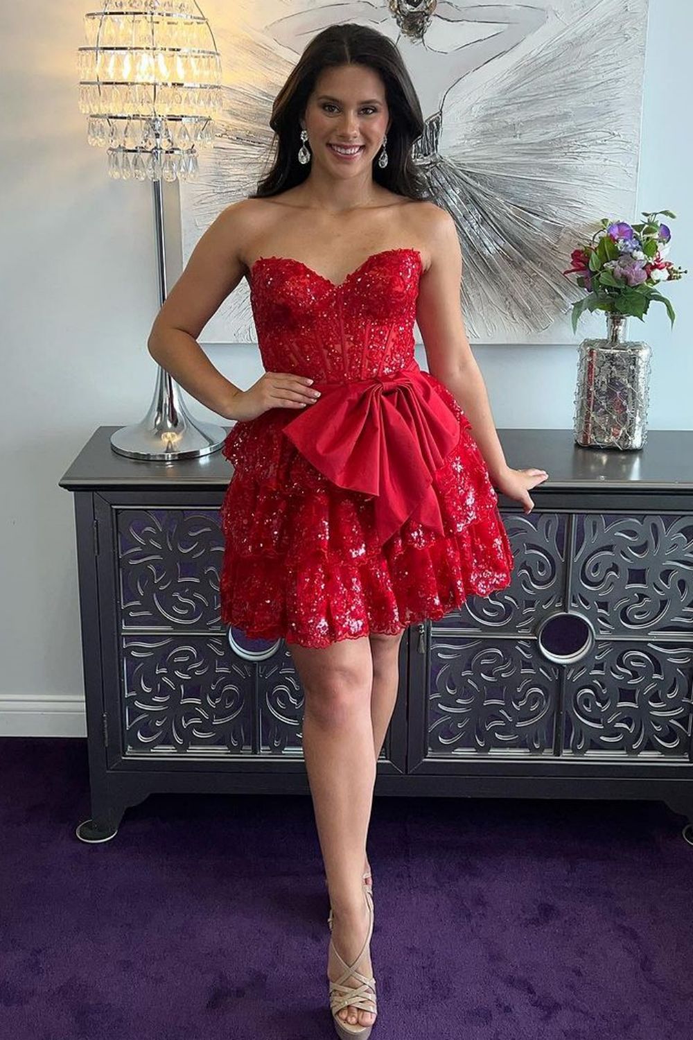 Luuvis Women Sparkly Red A-Line Sweetheart Tiered Homecoming Dress With