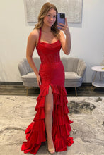 Load image into Gallery viewer, Sparkly Mermaid Halter Neck Red Corset Prom Dress with Beading Ruffles