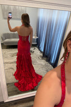 Load image into Gallery viewer, Sparkly Mermaid Halter Neck Red Corset Prom Dress with Beading Ruffles