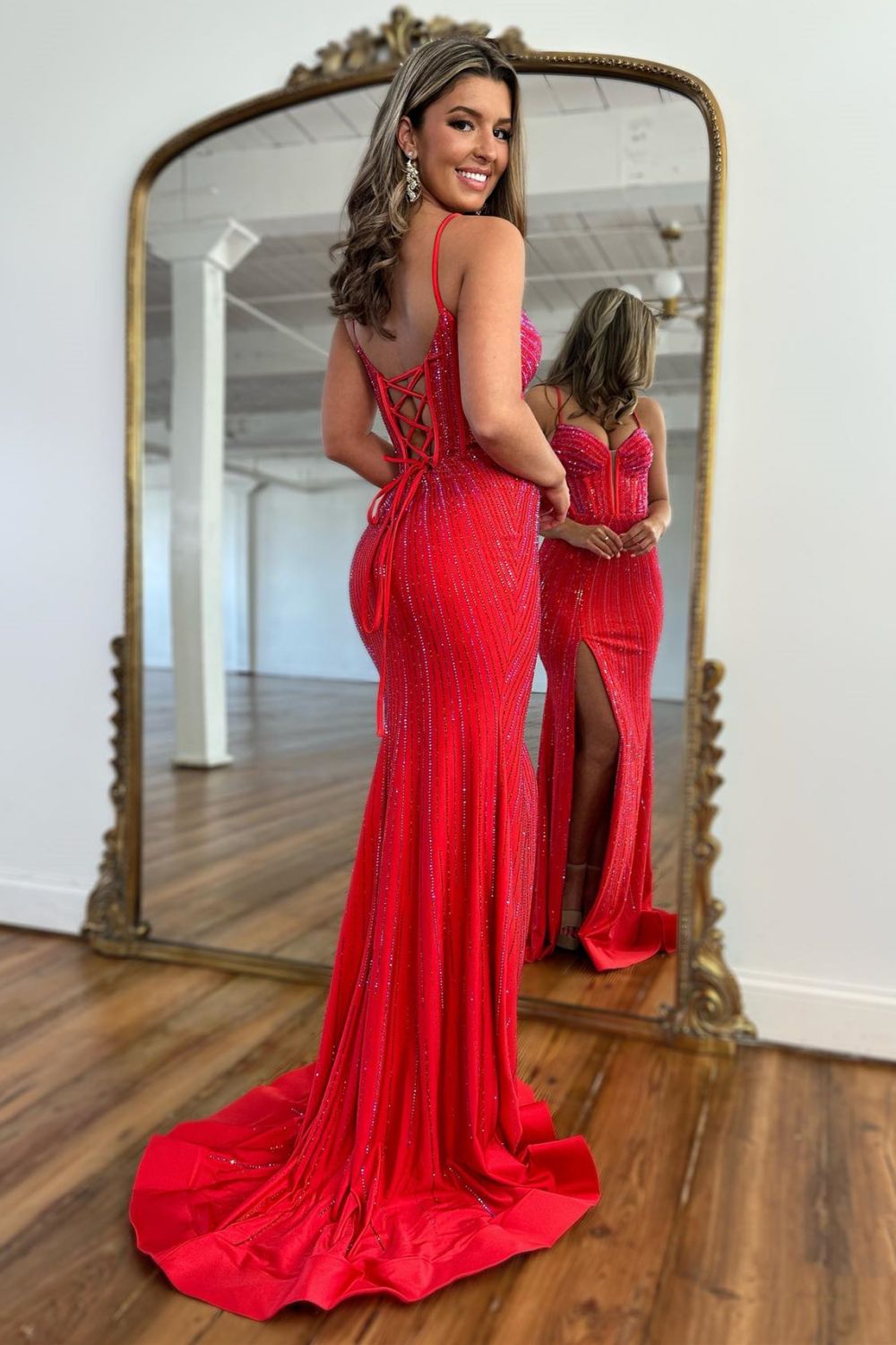 Luuvis Gorgeous Red Spaghetti Straps Mermaid Long Beaded Prom Dress