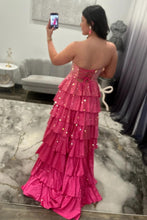 Load image into Gallery viewer, Sparkly A Line Sweetheart Black Long Prom Dress with Beading Ruffles