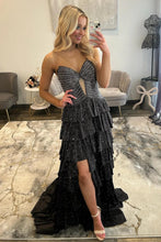 Load image into Gallery viewer, Sparkly A Line Sweetheart Black Long Prom Dress with Beading Ruffles