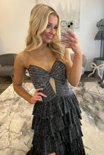 Load image into Gallery viewer, Sparkly A Line Sweetheart Black Long Prom Dress with Beading Ruffles