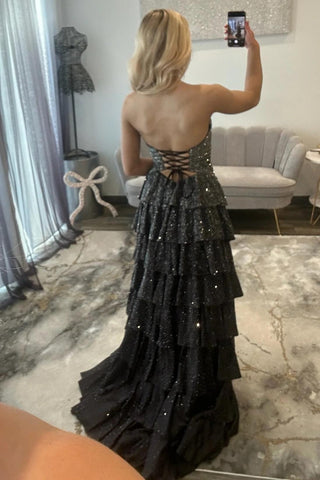 Sparkly A Line Sweetheart Black Long Prom Dress with Beading Ruffles