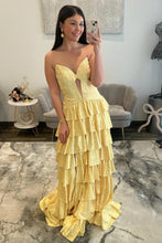 Load image into Gallery viewer, Sparkly A Line Sweetheart Black Long Prom Dress with Beading Ruffles