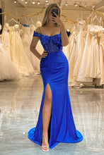 Load image into Gallery viewer, Sparkly Royal Blue Off The Shoulder Mermaid Long Prom Dress With Sequin
