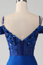 Load image into Gallery viewer, Sparkly Royal Blue Off The Shoulder Mermaid Long Prom Dress With Sequin
