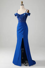 Load image into Gallery viewer, Sparkly Royal Blue Off The Shoulder Mermaid Long Prom Dress With Sequin
