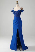 Load image into Gallery viewer, Sparkly Royal Blue Off The Shoulder Mermaid Long Prom Dress With Sequin