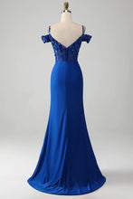Load image into Gallery viewer, Sparkly Royal Blue Off The Shoulder Mermaid Long Prom Dress With Sequin
