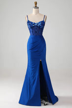 Load image into Gallery viewer, Sparkly Royal Blue Off The Shoulder Mermaid Long Prom Dress With Sequin
