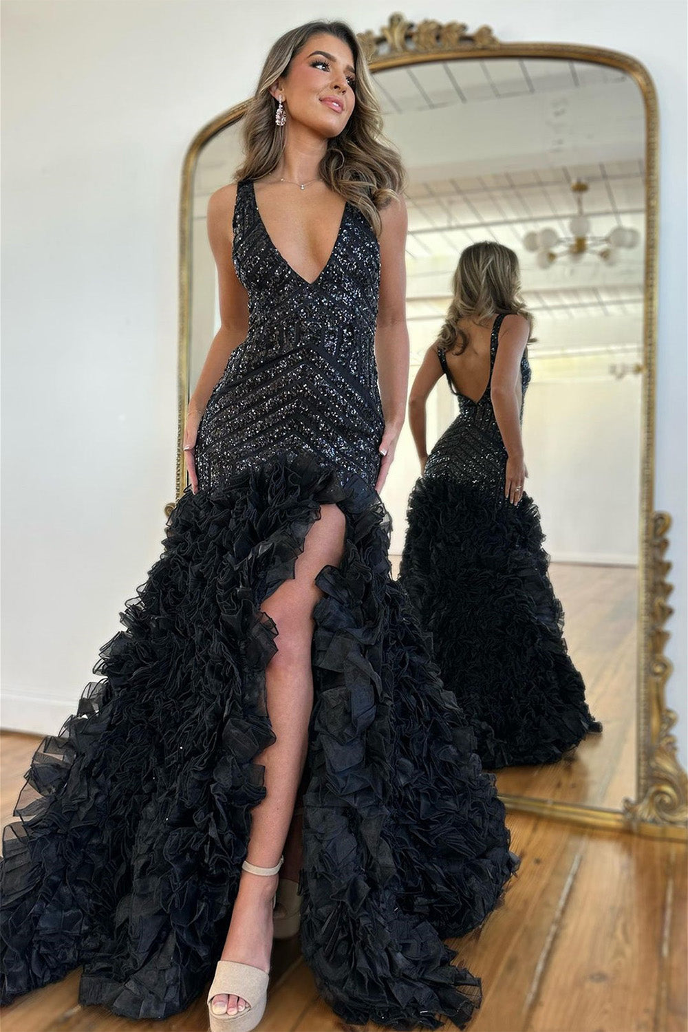 Luuvis Women Sequin Black Mermaid V-Neck Long Prom Dress With Slit And