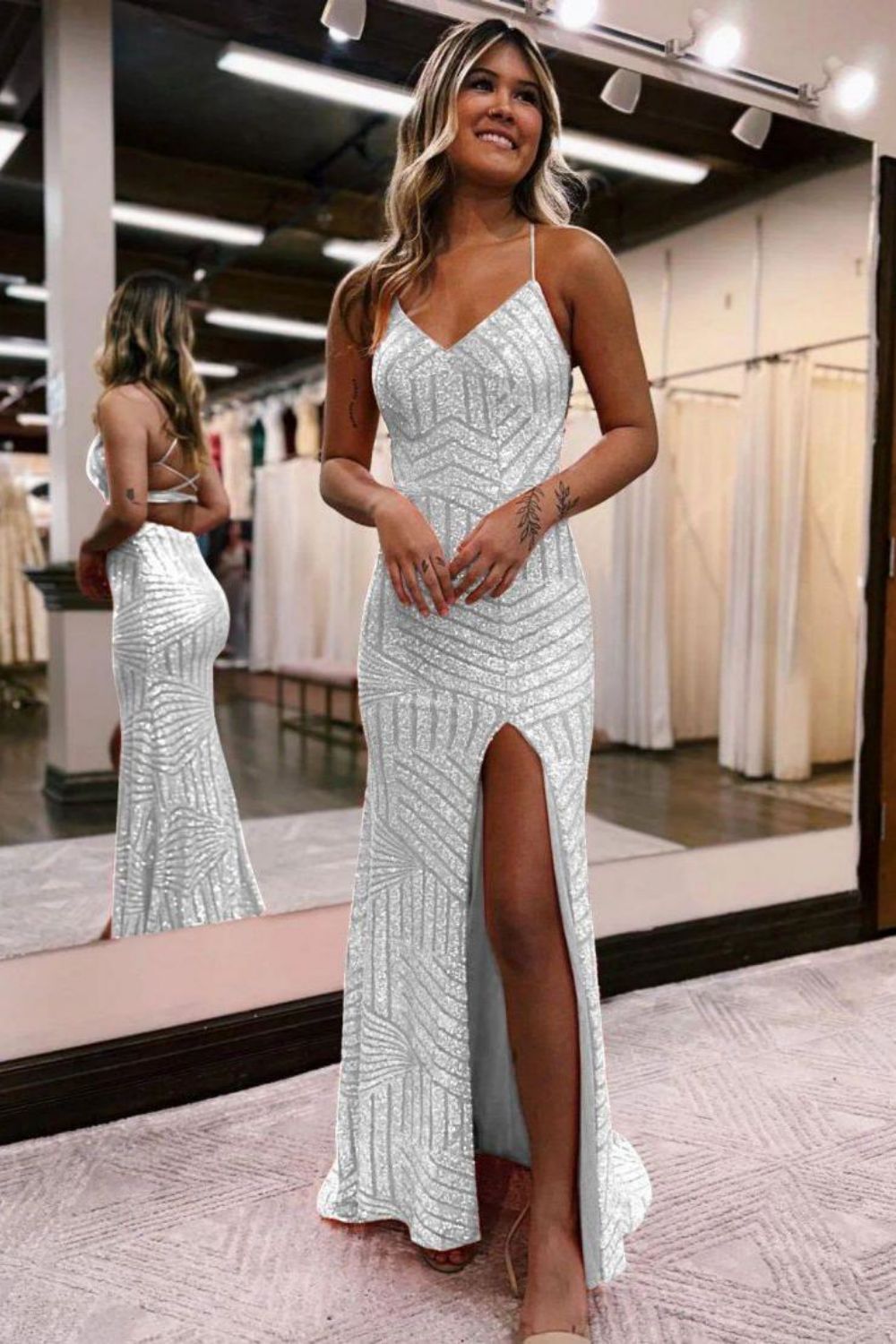 Luuvis Women Orange Formal Dress Sparkly Sequin Long Glitter Prom Party