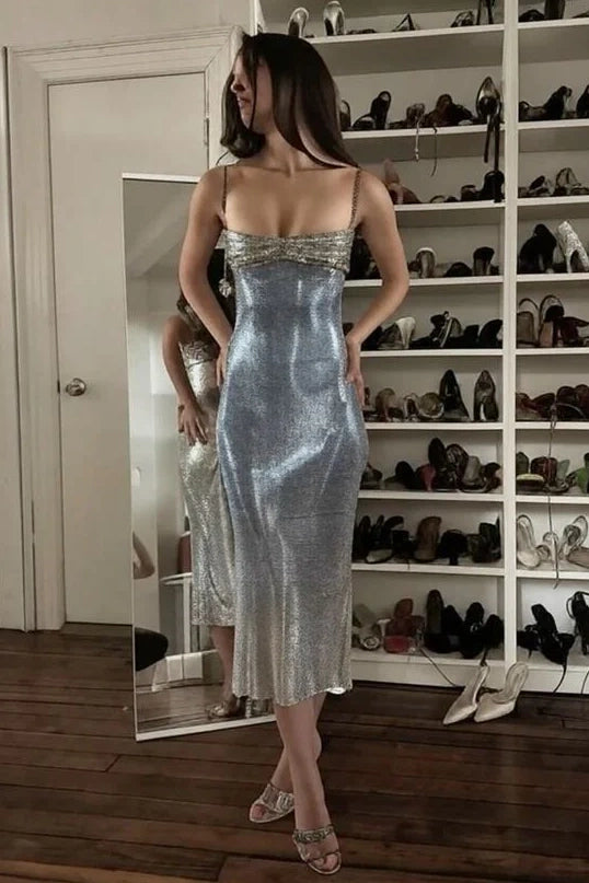 Luuvis Women Silver Sequins Tea Length Party Dress Stylish Sheath Spaghetti Straps Formal Dress