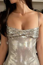 Load image into Gallery viewer, Stylish Sheath Spaghetti Straps Silver Sequins Tea Length Party Dress