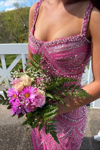 Sparkly Sheath Square Neck Pink Long Prom Dress with Beading