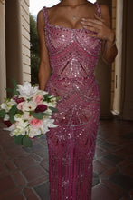 Load image into Gallery viewer, Sparkly Sheath Square Neck Pink Long Prom Dress with Beading