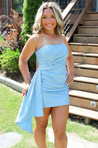 Sparkly Sheath Strapless Blue Short Homecoming Dress with Beading