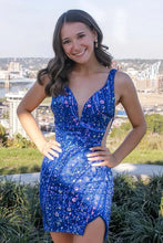 Load image into Gallery viewer, Sparkly Sheath V Neck Royal Blue Short Homecoming Dress with Sequins
