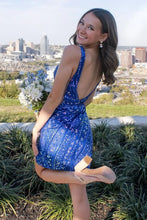 Load image into Gallery viewer, Sparkly Sheath V Neck Royal Blue Short Homecoming Dress with Sequins
