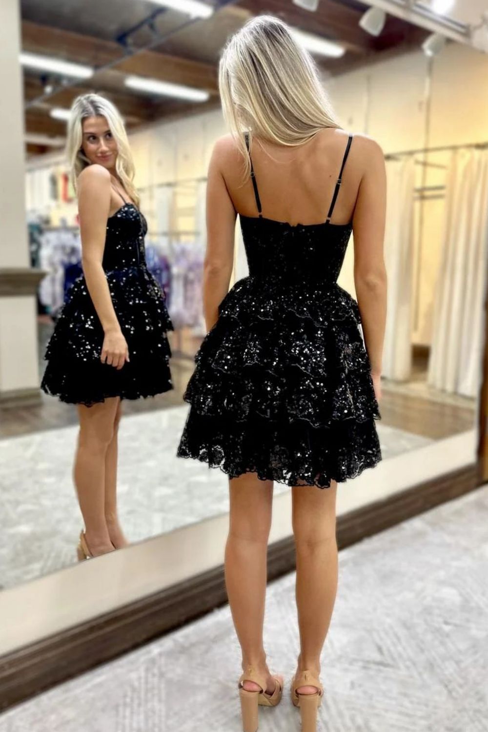 Mini A Line Black Spaghetti Straps Short Prom Dresses, Homecoming Dress main image 1