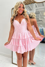 Load image into Gallery viewer, Sparkly A Line Halter Neck Purple Corset Homecoming Dress with Pearls