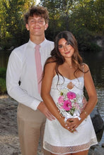 Load image into Gallery viewer, Sparkly A Line Spaghetti Straps Gold Sequins Short Homecoming Dress with Keyhole
