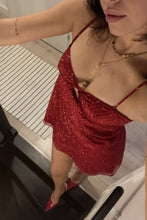 Load image into Gallery viewer, Sparkly A Line Spaghetti Straps Gold Sequins Short Homecoming Dress with Keyhole