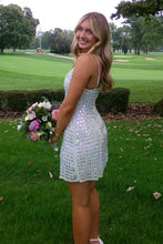 Load image into Gallery viewer, Sparkly A Line Spaghetti Straps Silver Short Homecoming Dress with Beading