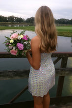 Load image into Gallery viewer, Sparkly A Line Spaghetti Straps Silver Short Homecoming Dress with Beading